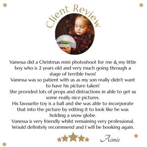 A positive client review with a 5-star rating is shown in a circular design with gold accents and beige text.