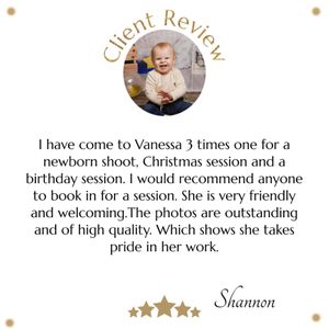 A 5-star customer testimonial showcasing multiple successful photo sessions with a professional photographer.
