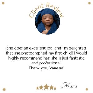 A circular client review showing five star feedback with testimonial text from Maria about photography services.