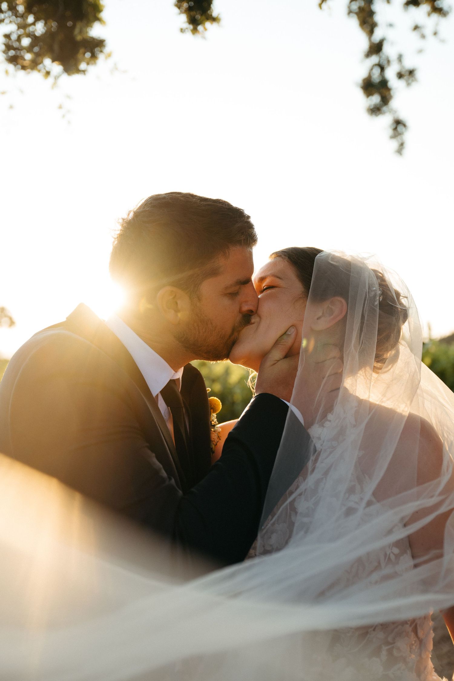 Romantic bride and groom share a kiss as sunlight flares through flowing white veil during sunset in Healdsburg, CA