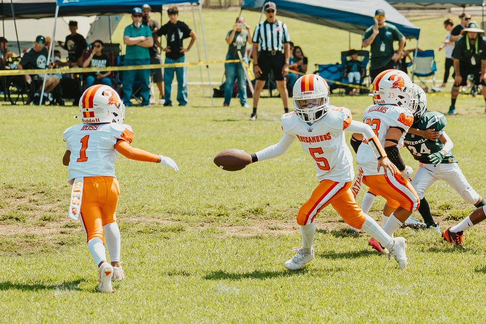 Football players dive for a loose ball during a game on a sunny grass field.