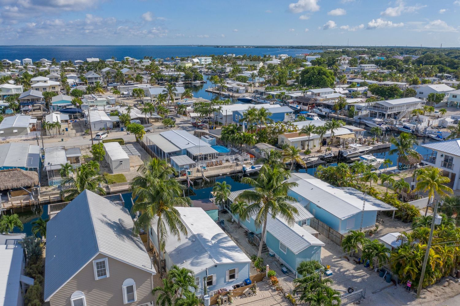 Bird's eye view of a waterfront community showing residential homes, palm trees, and boat docks.