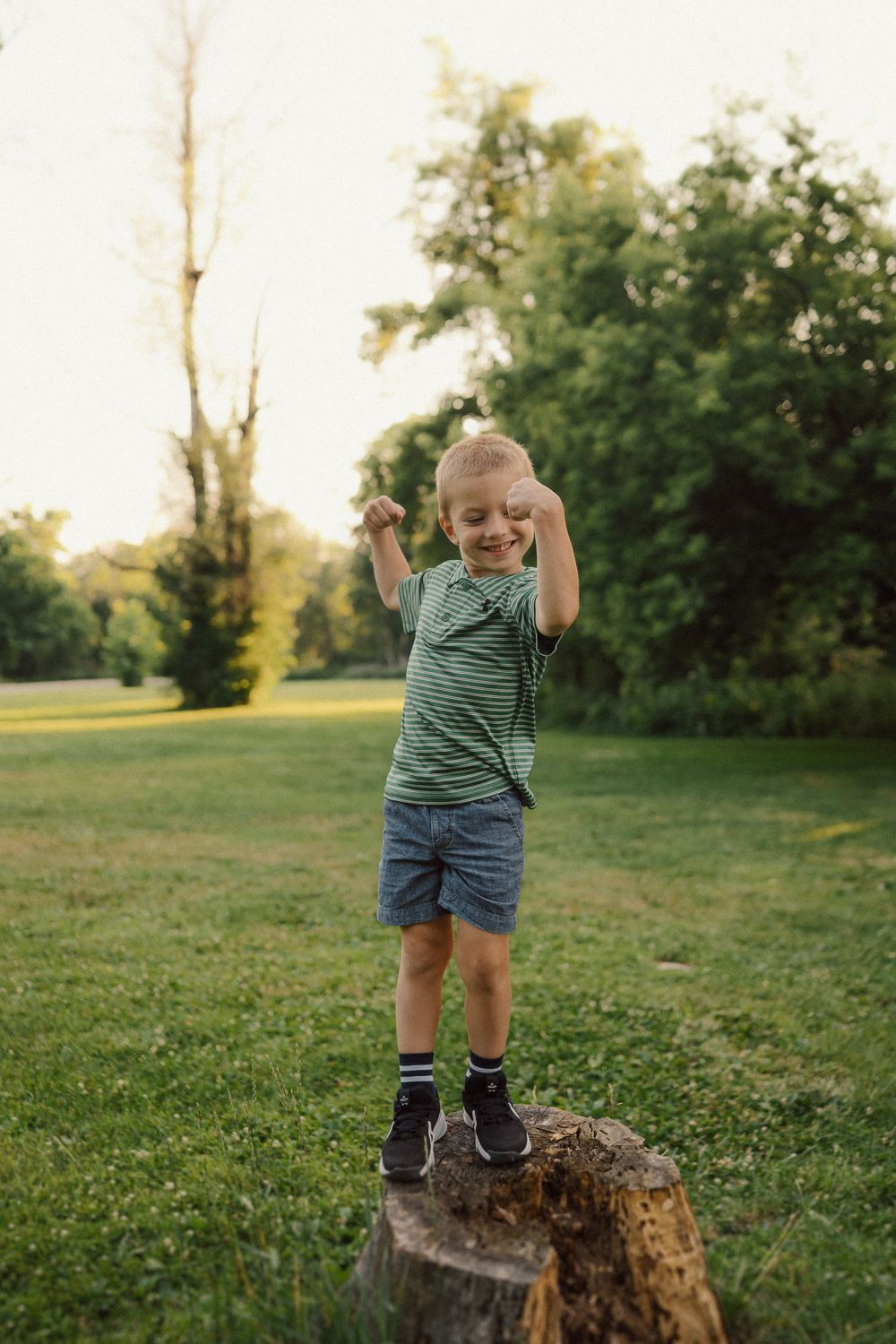 A young child stands on a tree stump in a green park during golden hour, wearing a t-shirt and shorts.