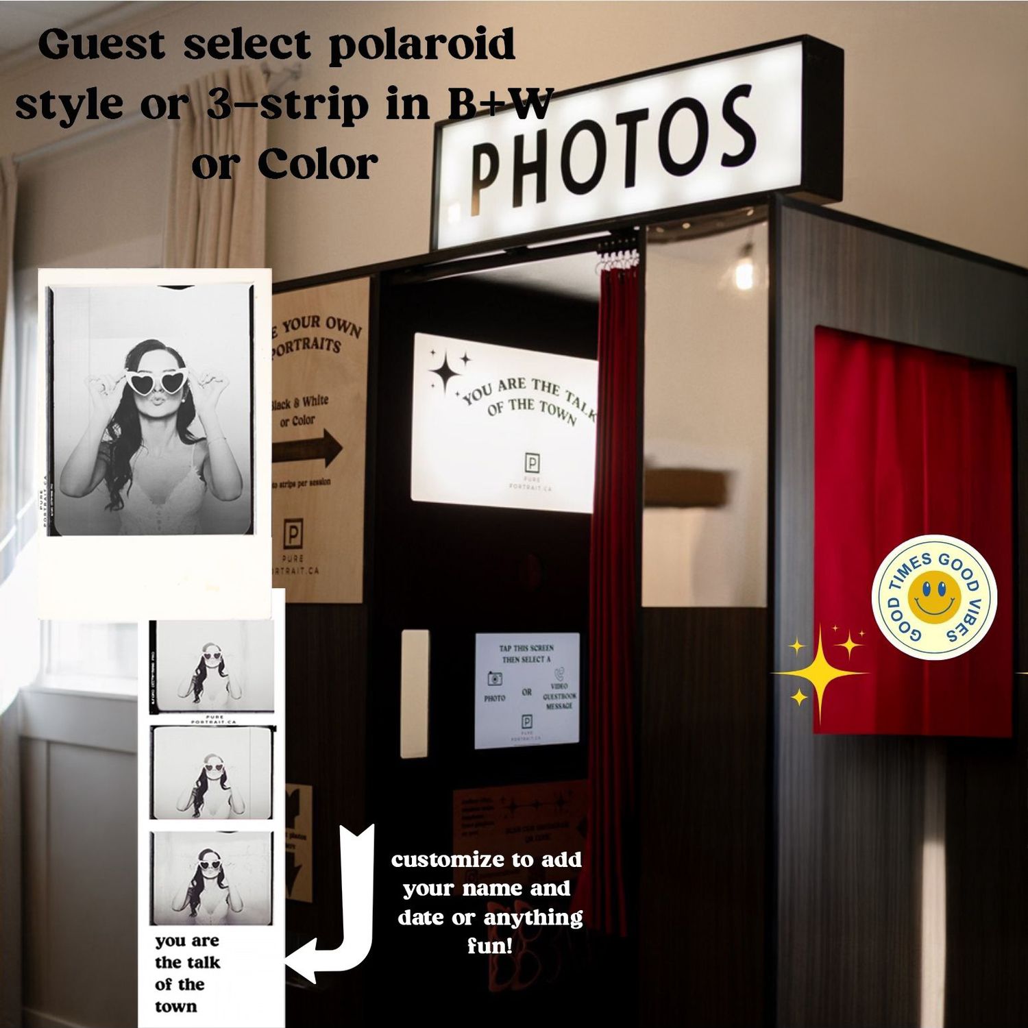 A retro photo booth machine with Polaroid style and black and white photo strip samples displayed on its exterior.