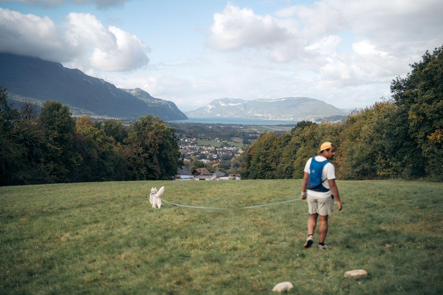 promeneur avec son chien au mont-chamoux à la motte-servolex avec vue sur le lac du bourget