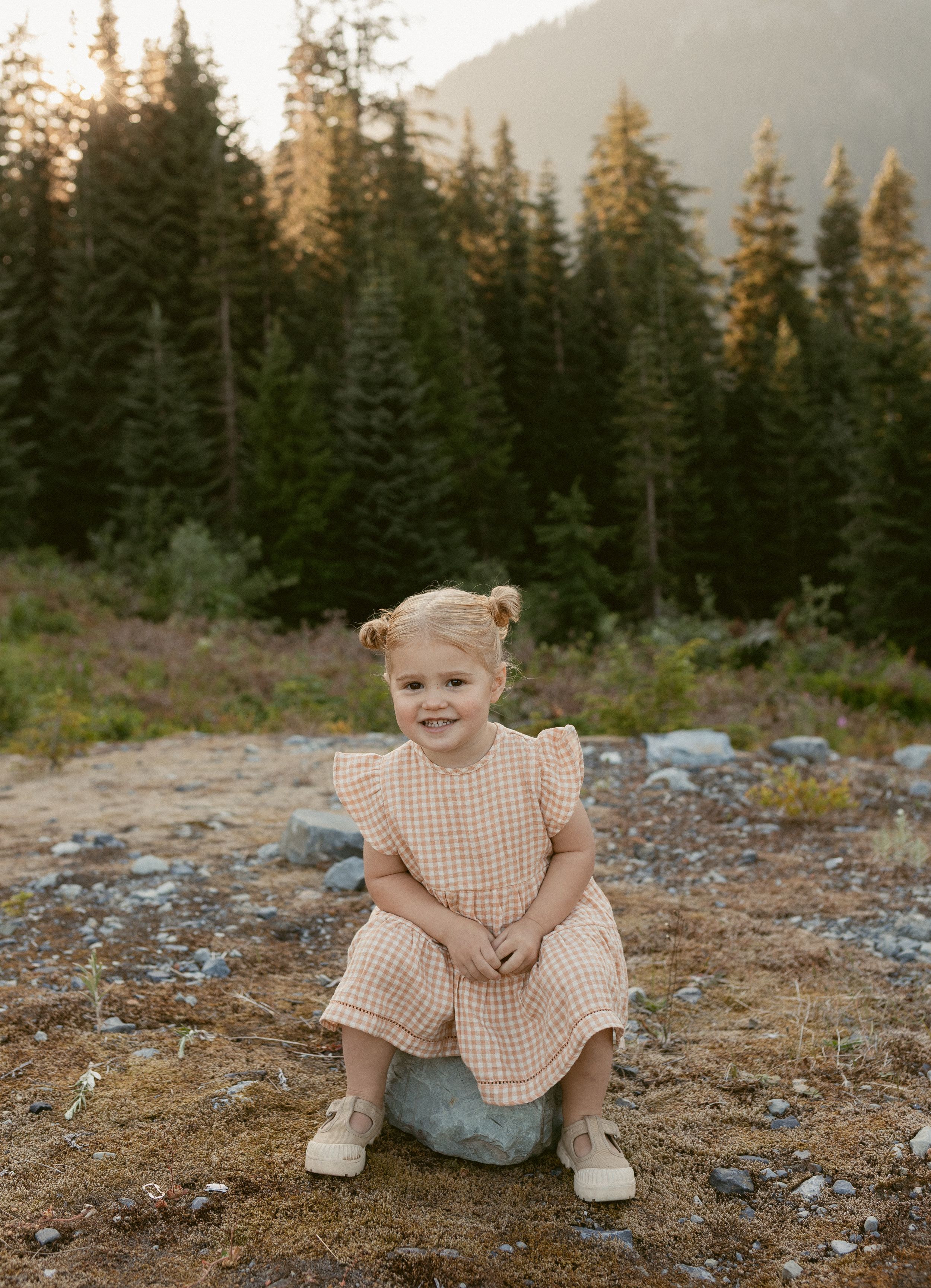 A series of outdoor portraits against a backdrop of evergreen trees and mountains at sunset.