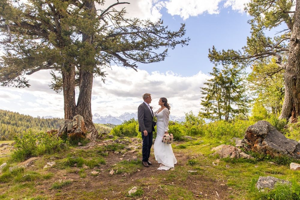 A couple in wedding attire stands together on a scenic mountain overlook surrounded by evergreen trees.