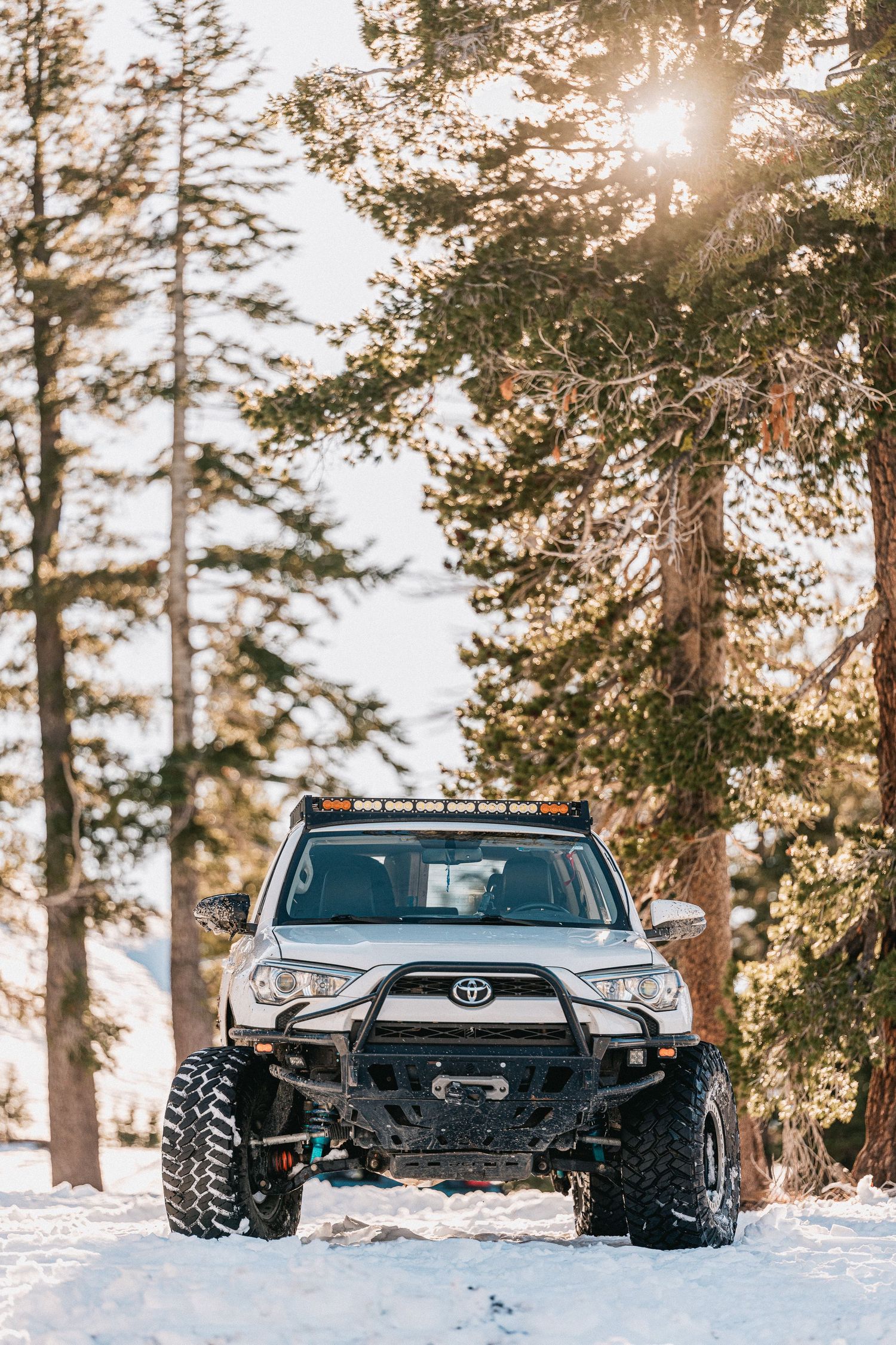 Modified Toyota 4Runner with off-road tires and custom front bumper parked in snowy forest during golden sunset.