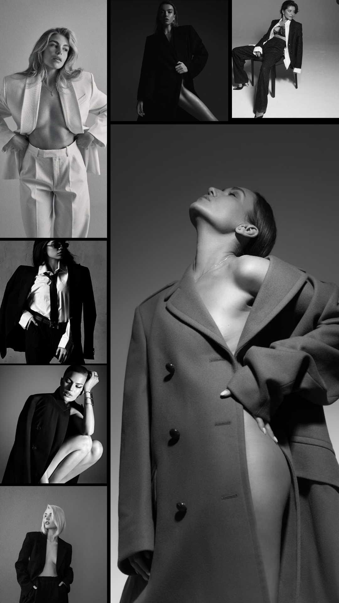 Black and white fashion photography collage showcasing dramatic poses and oversized coats in a minimalist style.