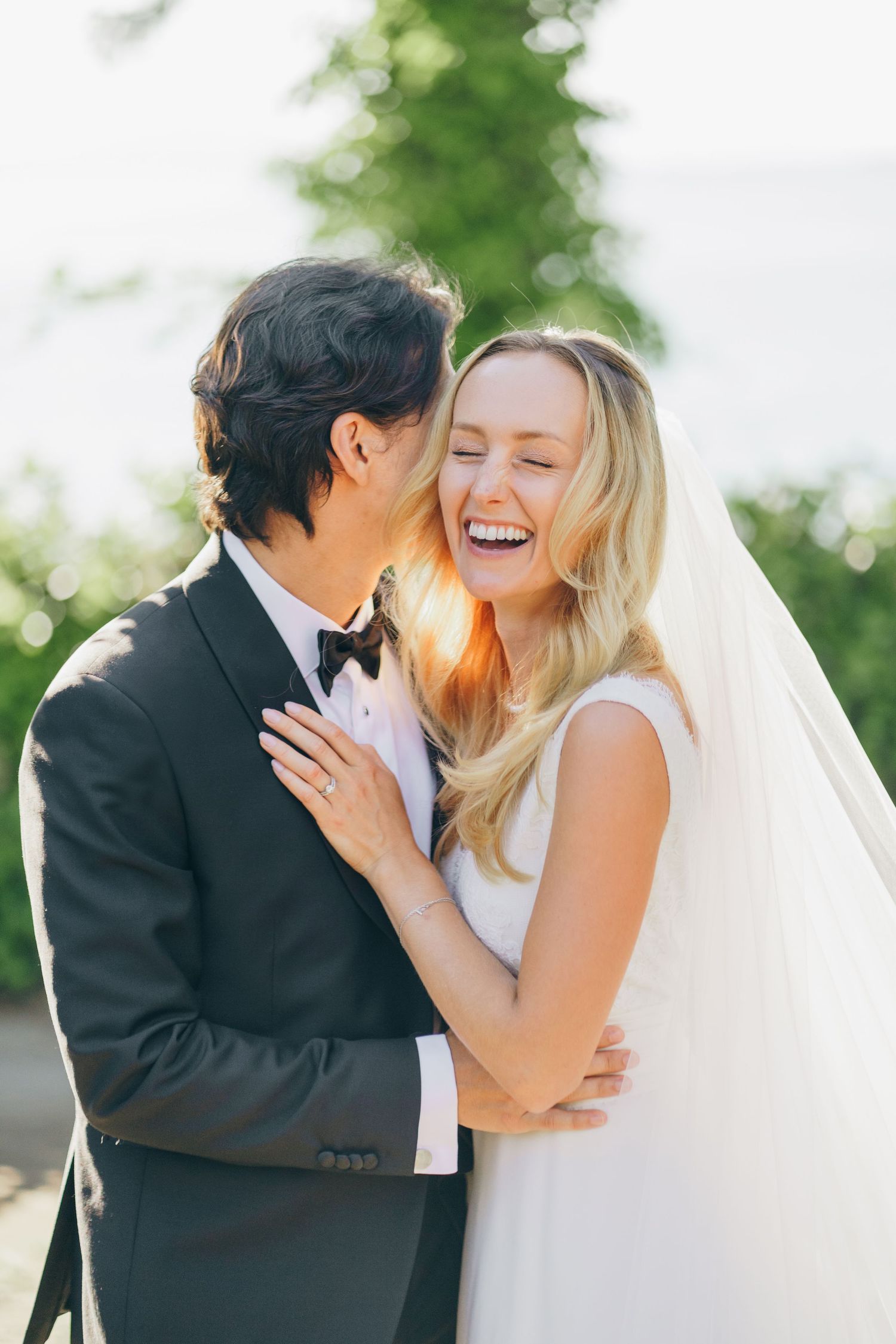 A romantic sequence of three wedding photos showing a couple sharing joyful kisses outdoors in natural lighting.