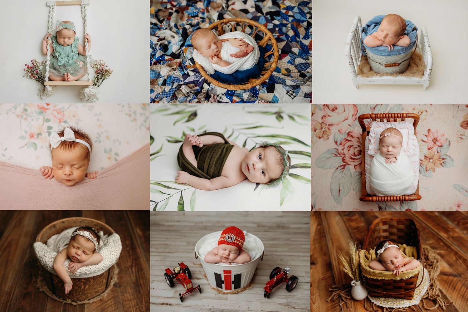 Collage of professional newborn photos featuring various props and poses.