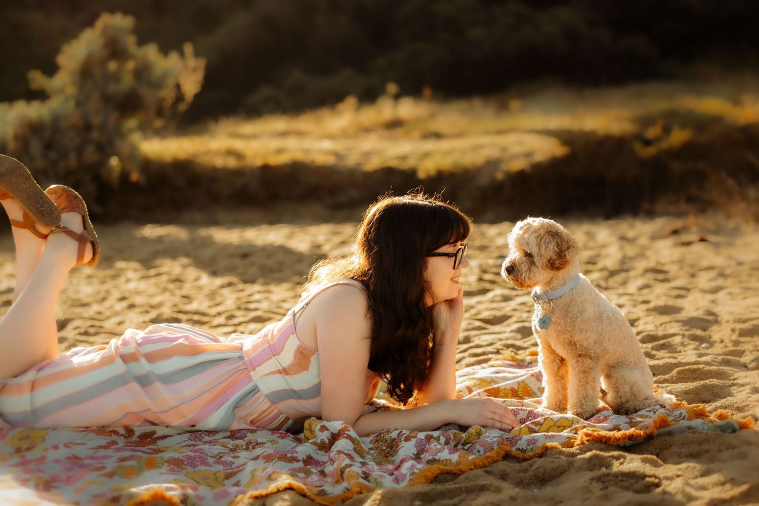 A young woman in a striped dress lies on a blanket on sandy beach, gazing lovingly at her fluffy puppy.
