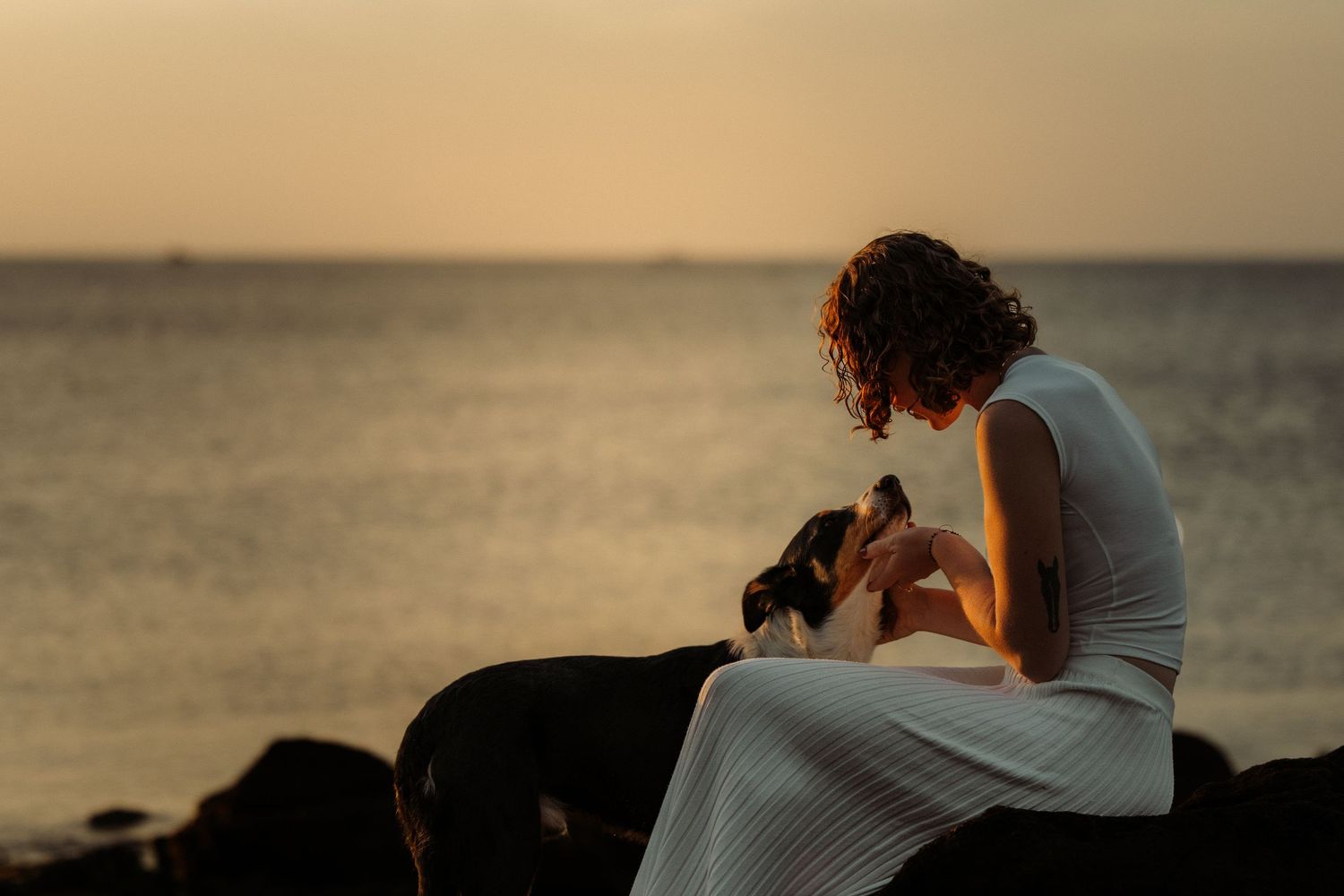 Woman in white dress sitting on rocks at sunset, tenderly holding a black and white dog by the ocean.