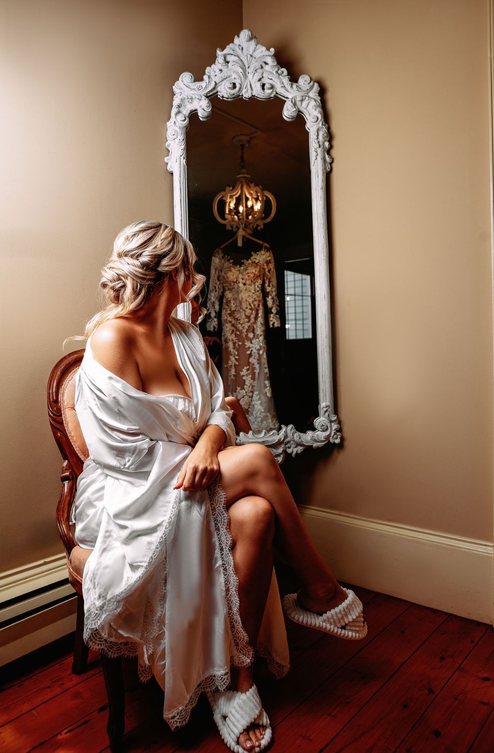 A series of artistic boudoir photos showing a woman in white silk robe posing elegantly against vintage furniture and mirrors.