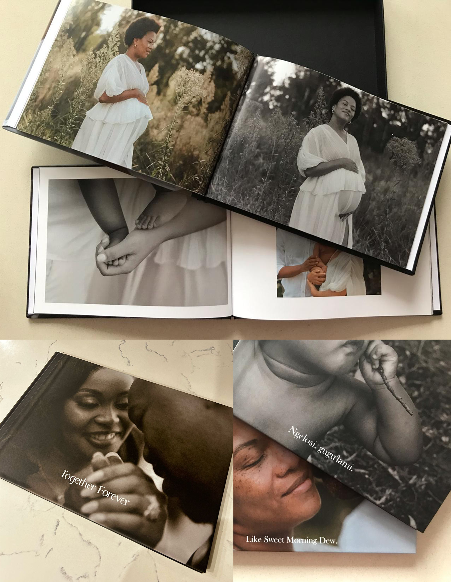 Collection of black and white photographs displayed in an album on cream background.