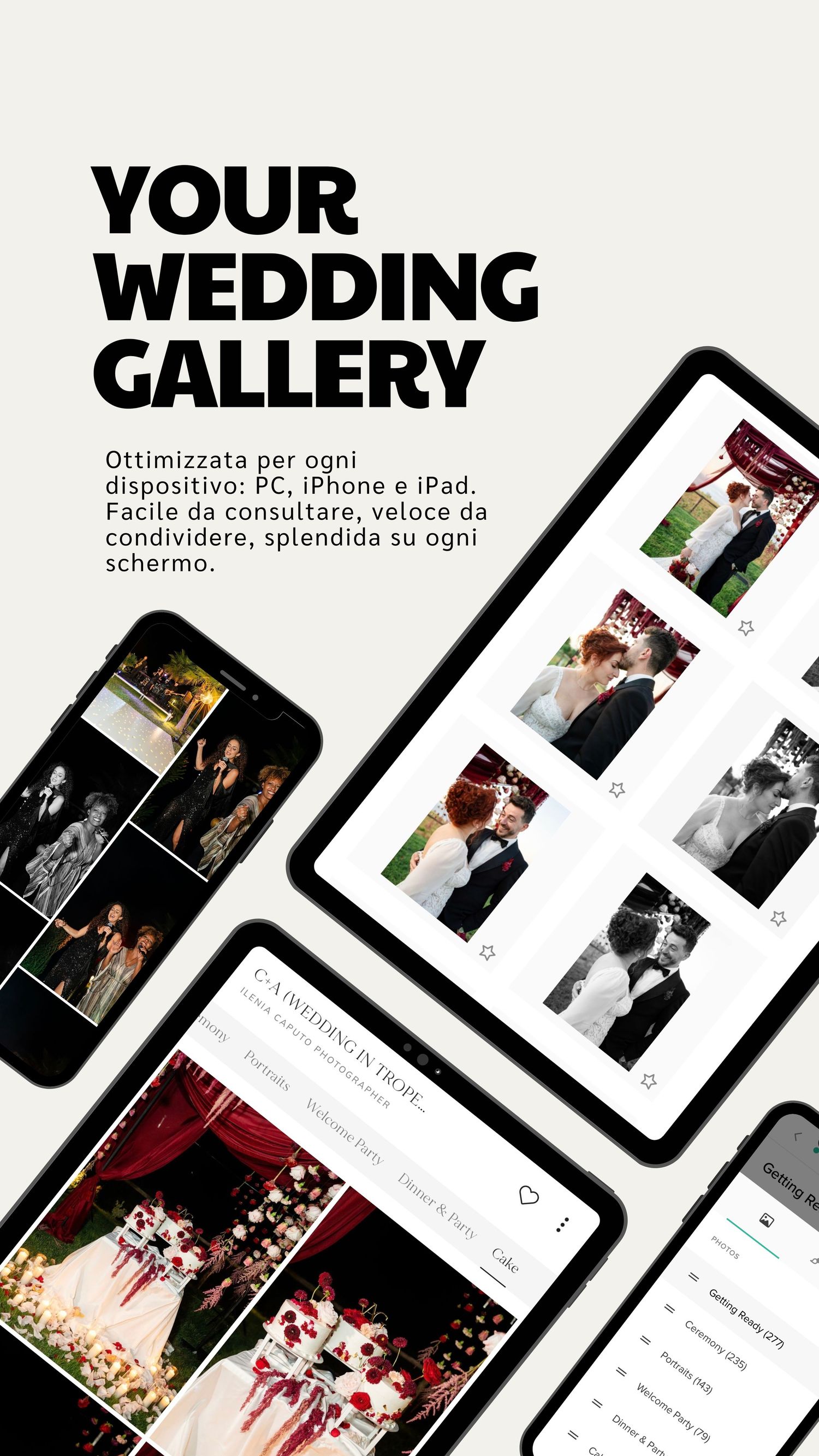 Mobile app interface displaying wedding photo galleries and albums across multiple device screens.