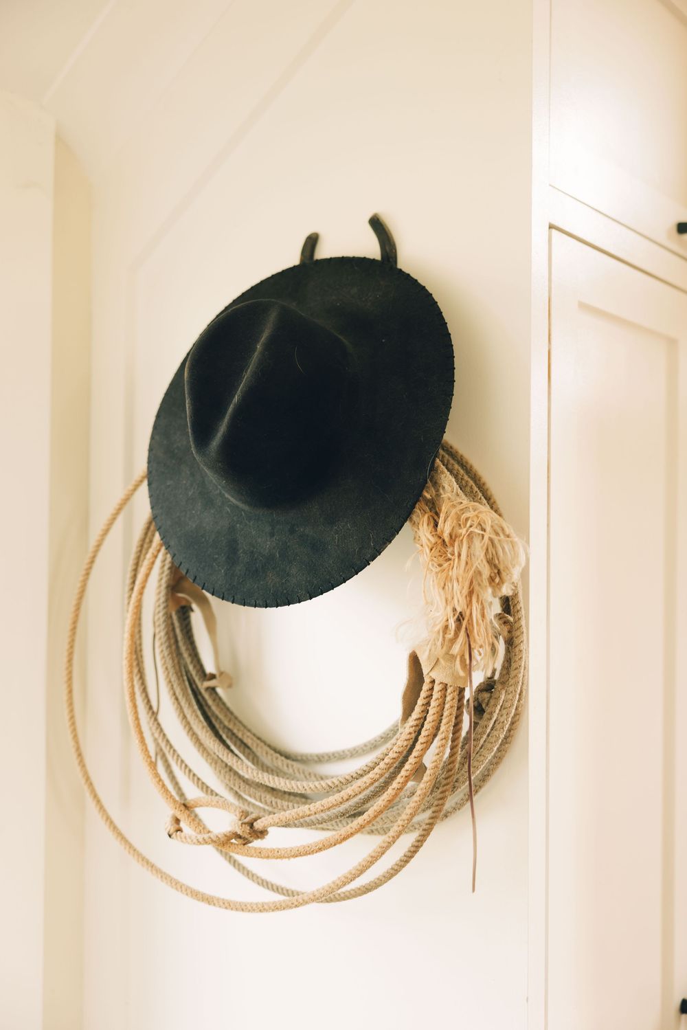 A black cowboy hat and lasso rope hanging on a white wall.