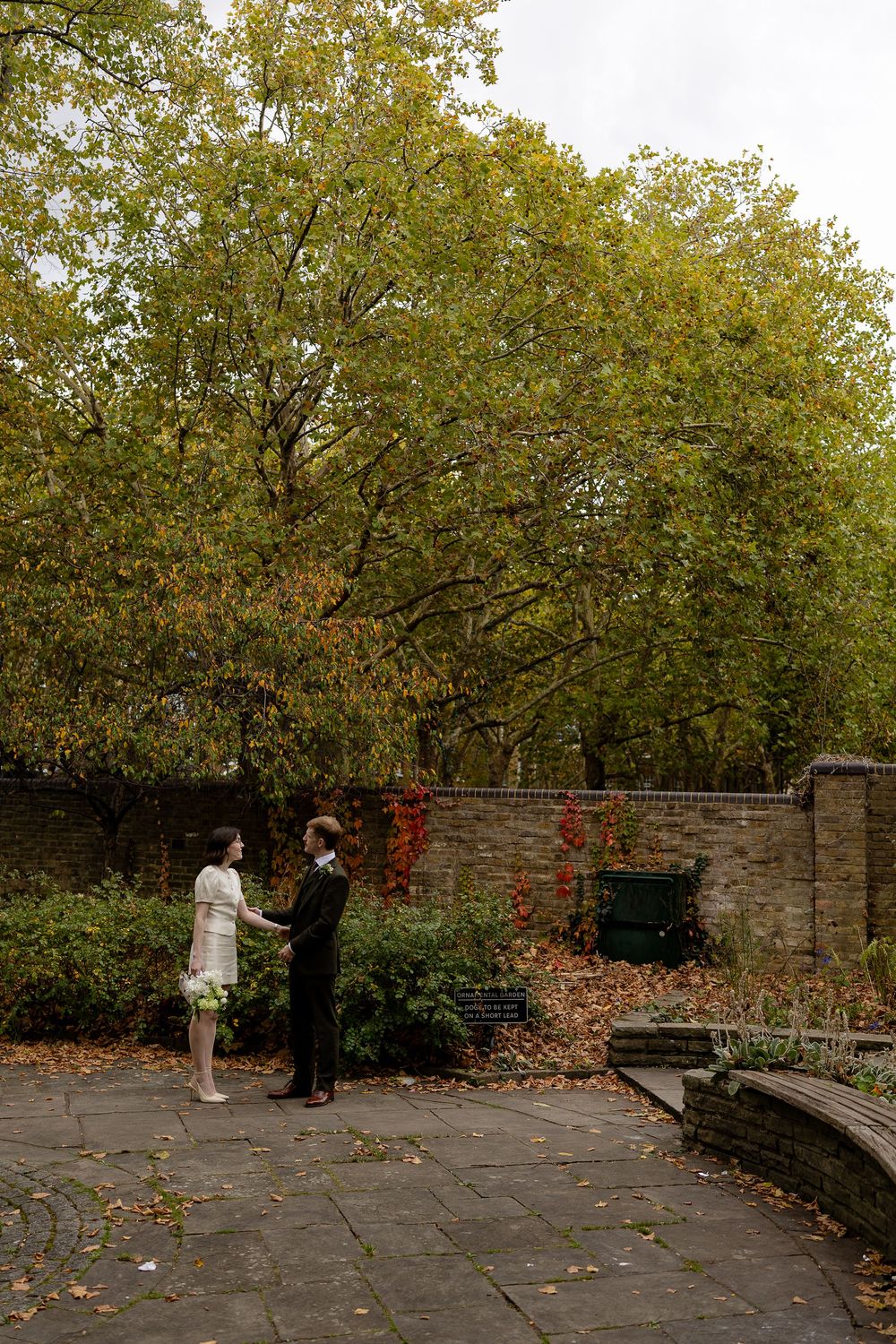 An autumn scene with trees and stone wall along a paved pathway.