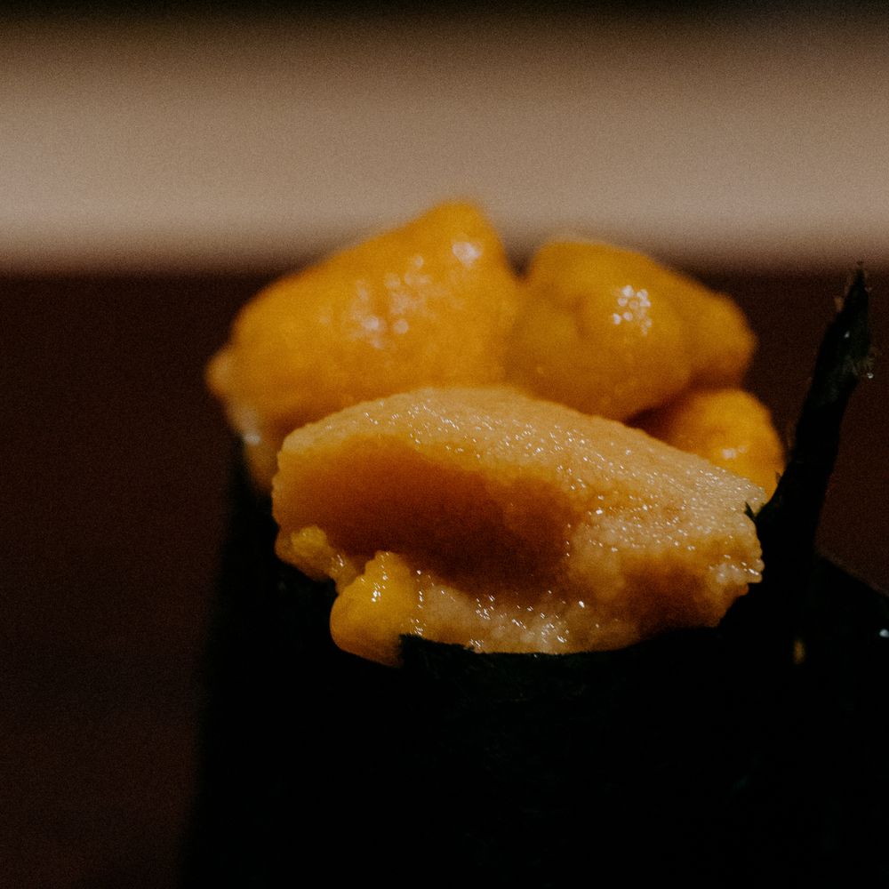Detailed macro shot of fresh uni sea urchin roe with its vibrant orange color.