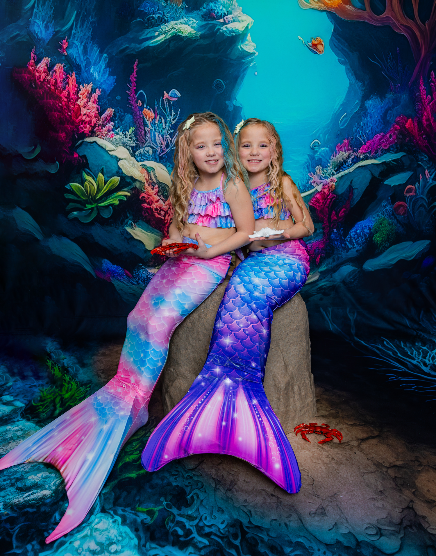Two mermaid costumes in vibrant colors pose against an underwater backdrop with coral and sea life.