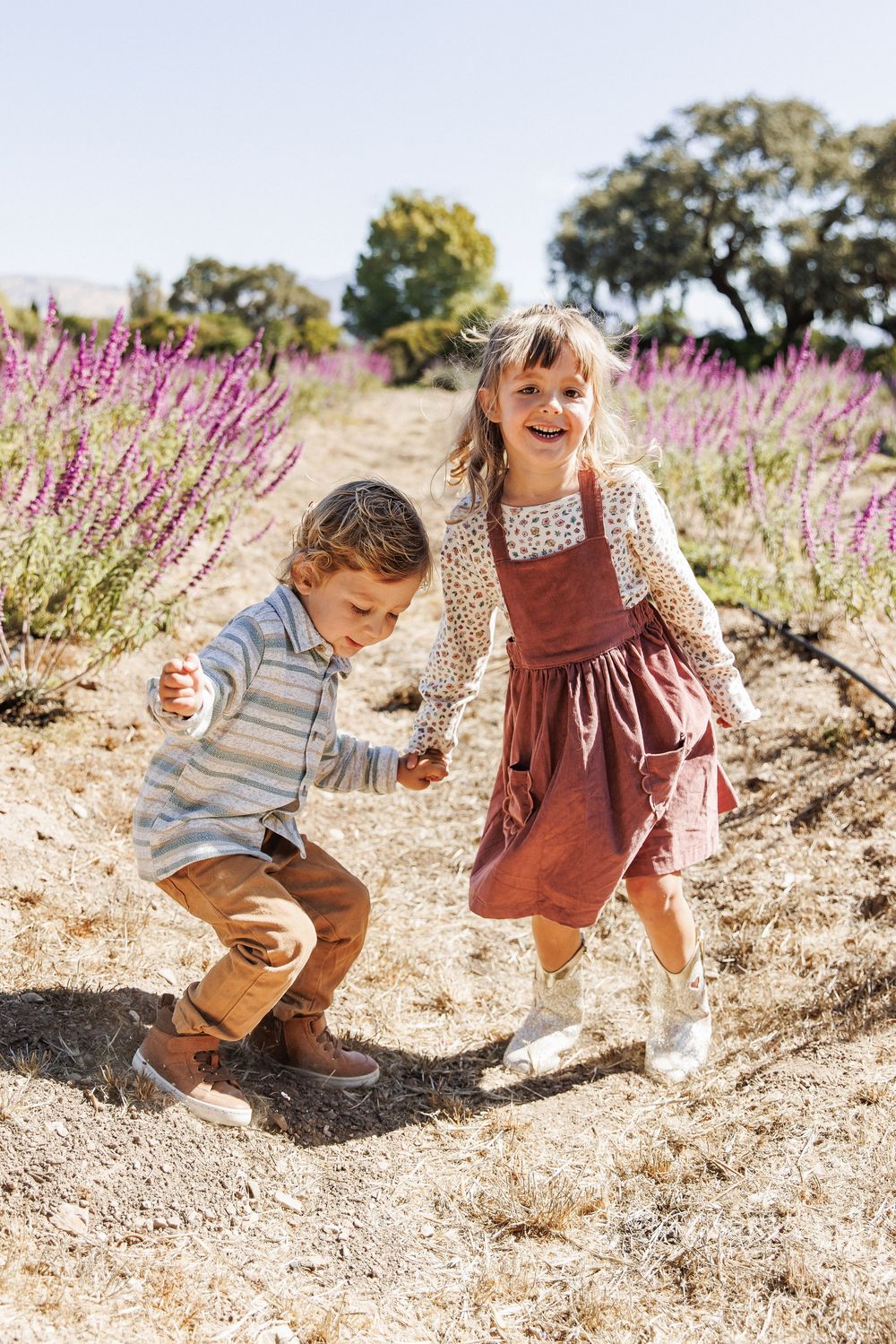 Two young children laughing and playing together in a lavender field on a sunny day.