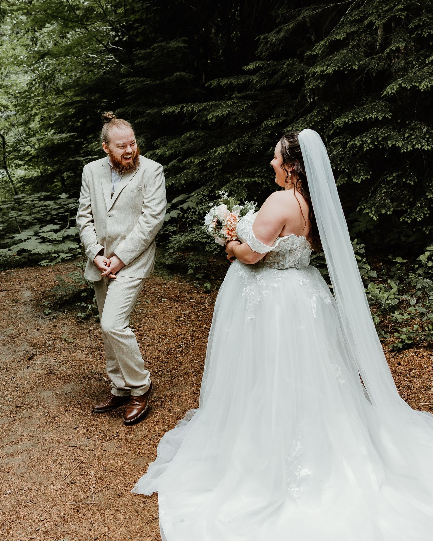 Wedding couple in a forest setting with white dress flowing in sequence of playful moments.