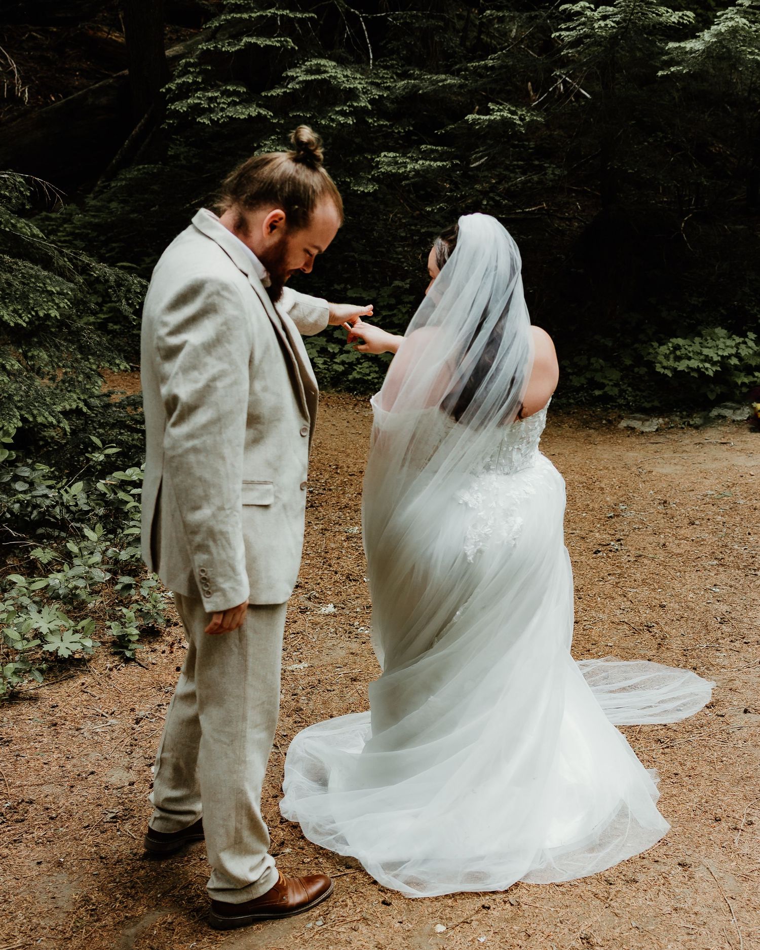 Intimate wedding photography sequence showing couple in a wooded outdoor setting.