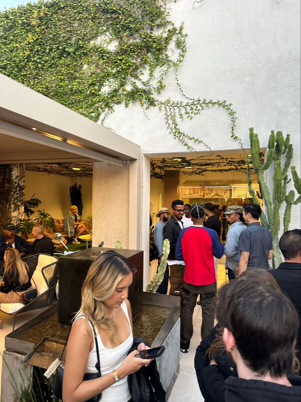 People gather at an indoor-outdoor venue space decorated with desert plants and white walls under natural lighting.