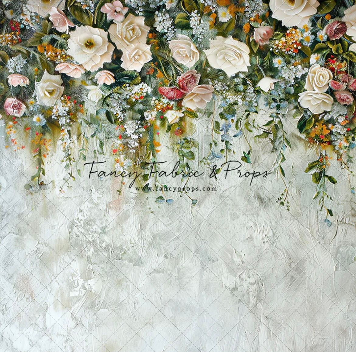 Romantic floral backdrop with white roses, pink blooms and greenery arranged in a cascading arch design against textured wall.