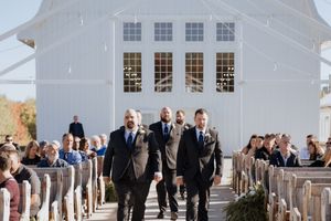 Groom and groomsmen walk down the aisle, wedding ceremony processional, Grand Ivory outdoor wedding in September, autumn wedding Moncton