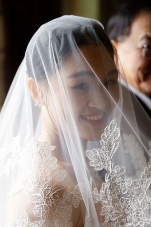 Close-up view of delicate white lace details on a bridal veil with elegant floral embroidery.