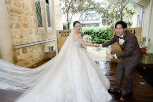 Sequence of six wedding photos showing a bride in a white gown being photographed at an elegant outdoor venue.