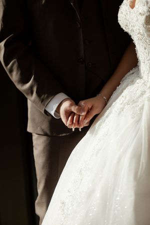 Close-up details of a couple during their wedding dance, focusing on formal attire and movement.