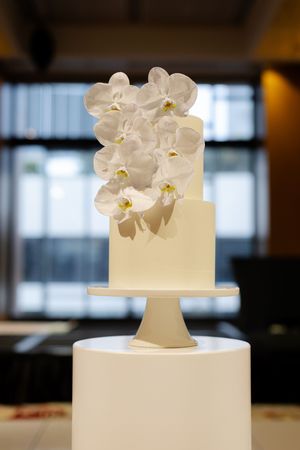 Elegant white wedding cake topped with delicate white orchids displayed on a simple stand in an indoor setting.