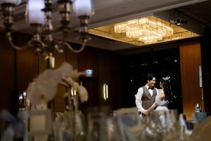 Elegant crystal chandeliers and lighting fixtures create ambiance in a luxury event venue.