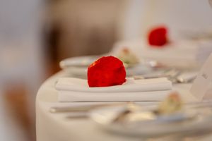 A close-up shot of a small red raspberry garnish on white cream dessert plates.