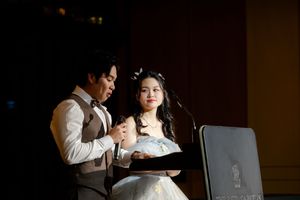 Bride and groom give their speeches to the room, Ritz-Carlton wedding reception