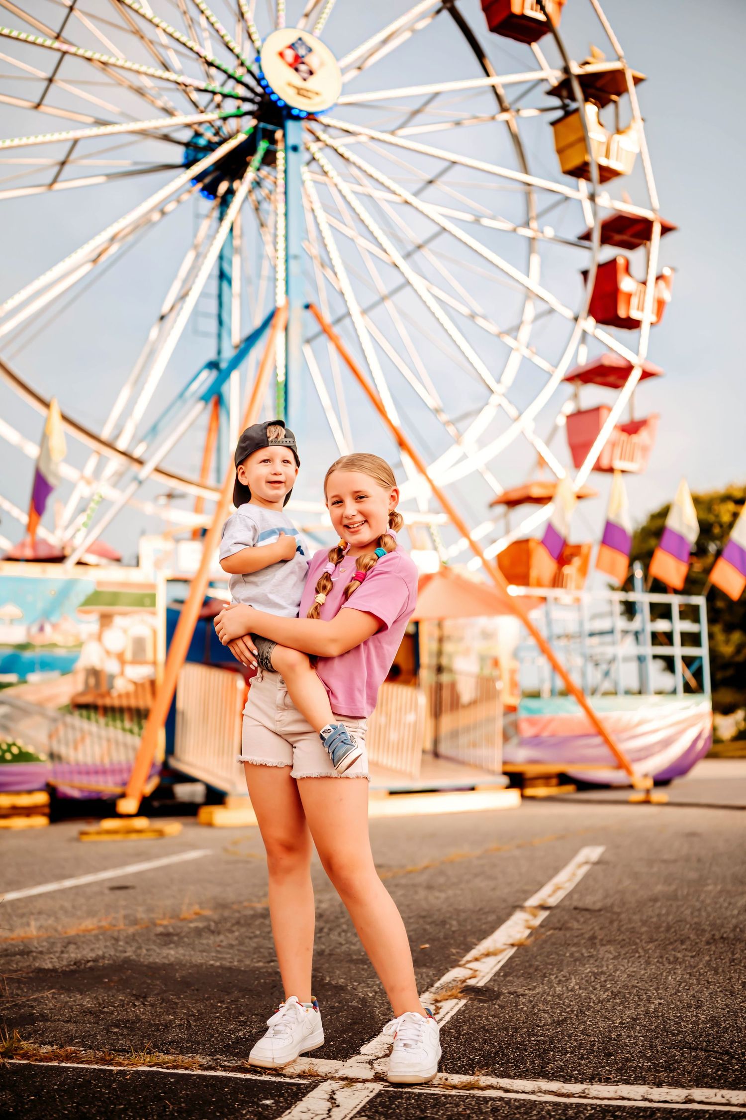 A series of photos captured near a Ferris wheel at a carnival showing joyful summer moments at sunset.
