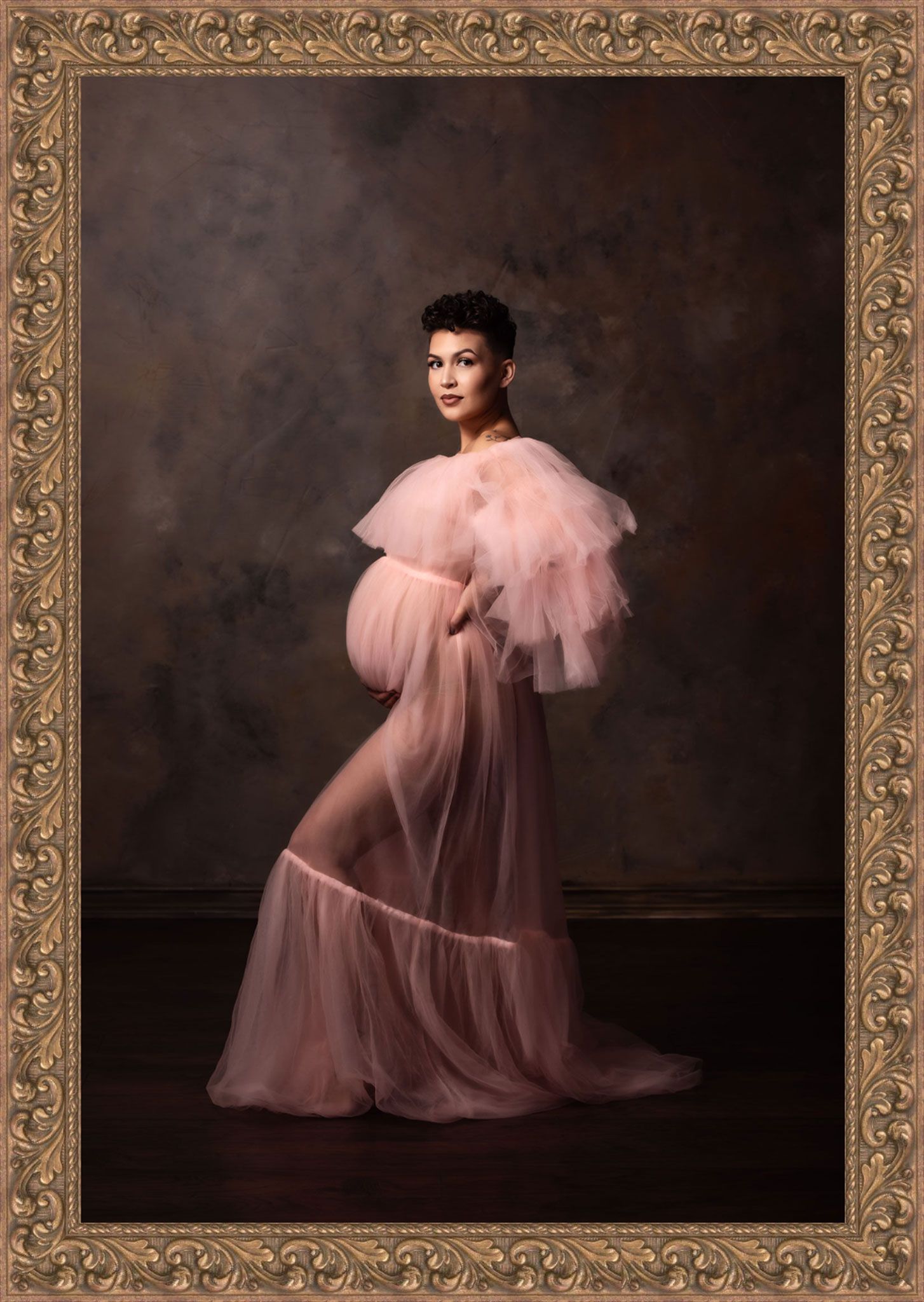 Elegant portrait series showing figure in flowing dusty rose tulle gown against dark dramatic backdrop with ornate gold frame.