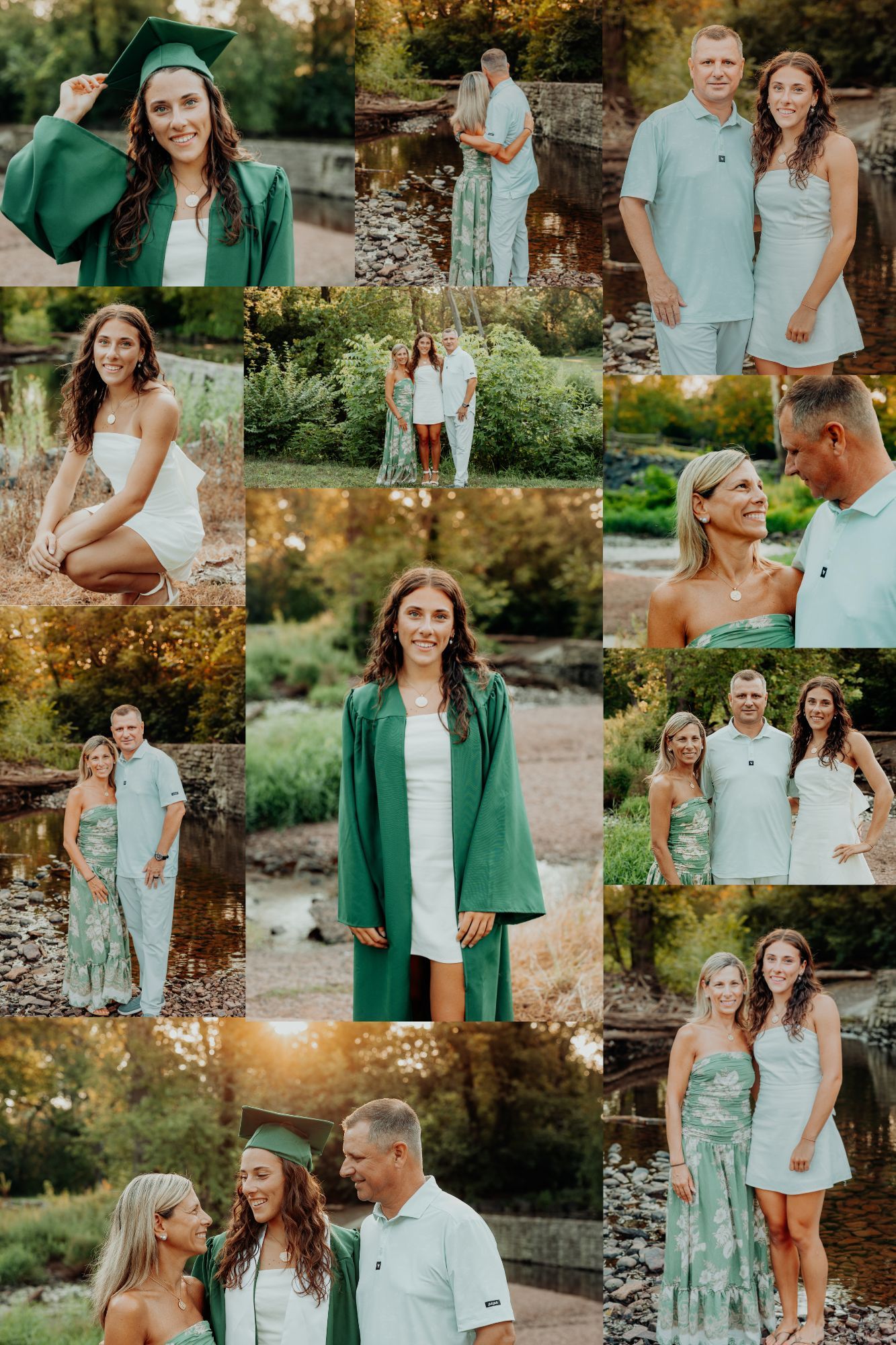 A family photo collage showing candid moments in an outdoor garden setting with people wearing green and blue outfits.