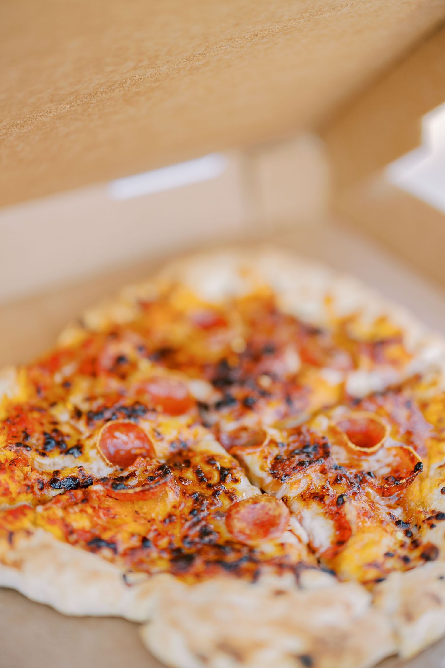 Close-up macro shot of baked pizza crust with melted cheese and tomatoes topped with herbs and spices.