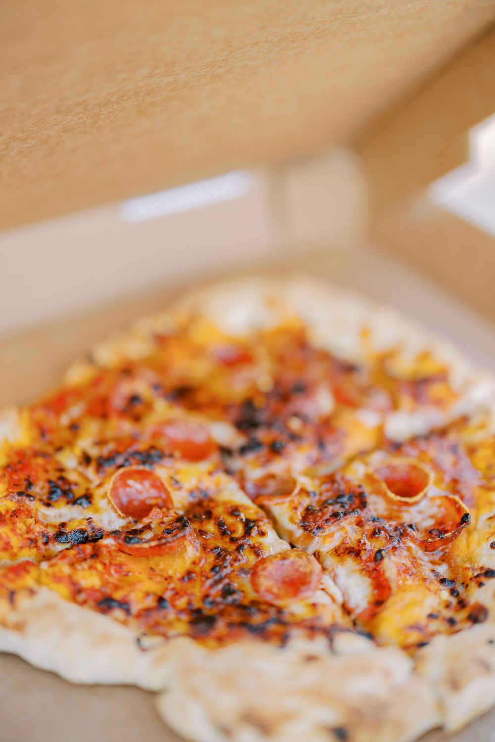 Close-up macro shot of baked pizza crust with melted cheese and tomatoes topped with herbs and spices.