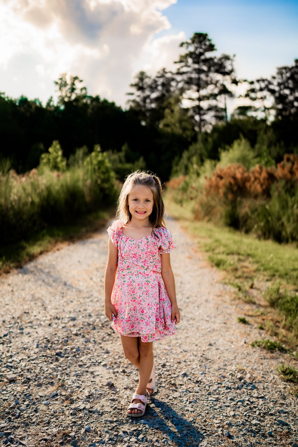 Three sunny outdoor photos showing a dirt path surrounded by green vegetation in a rural setting.