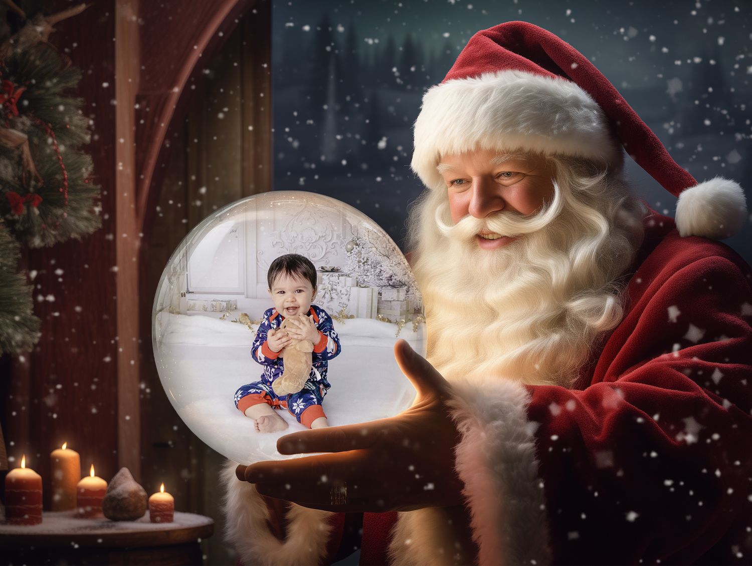 Magical Christmas scene through snowy window with candlelight and holiday decorations.