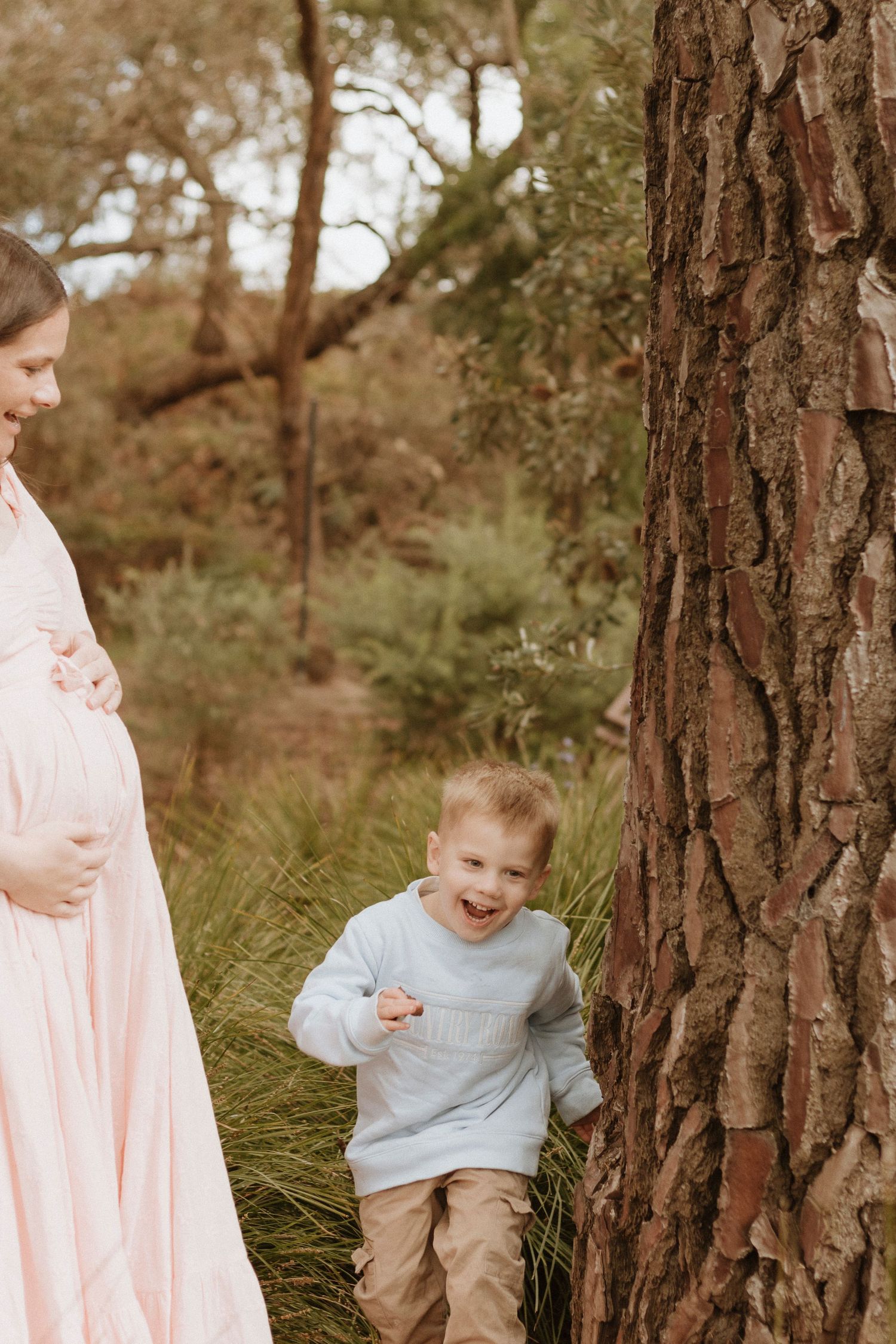 Children playing and hiding behind trees in a pine forest wearing light coloured clothing and dresses.