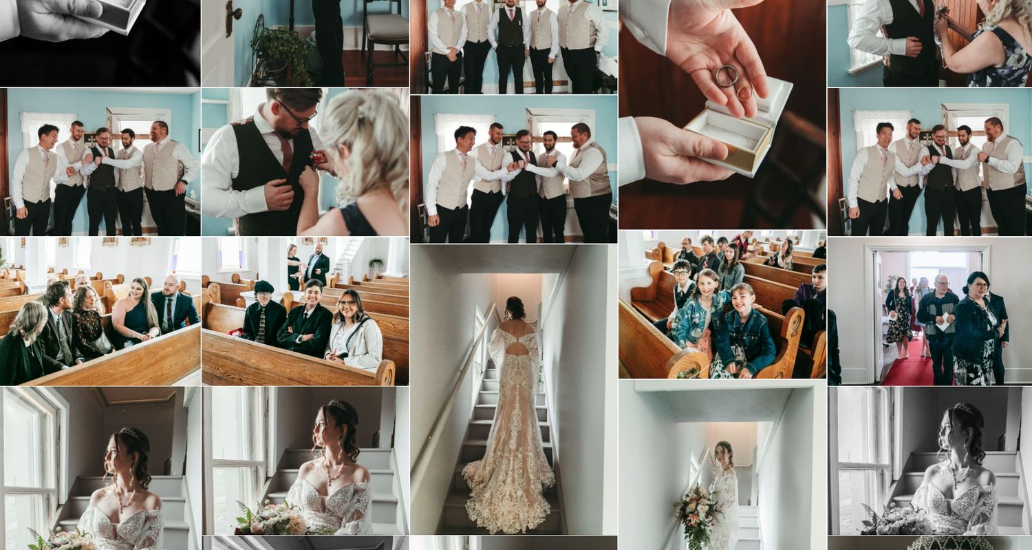Wedding preparation collage featuring groomsmen, bridal details, and bridesmaids getting ready.