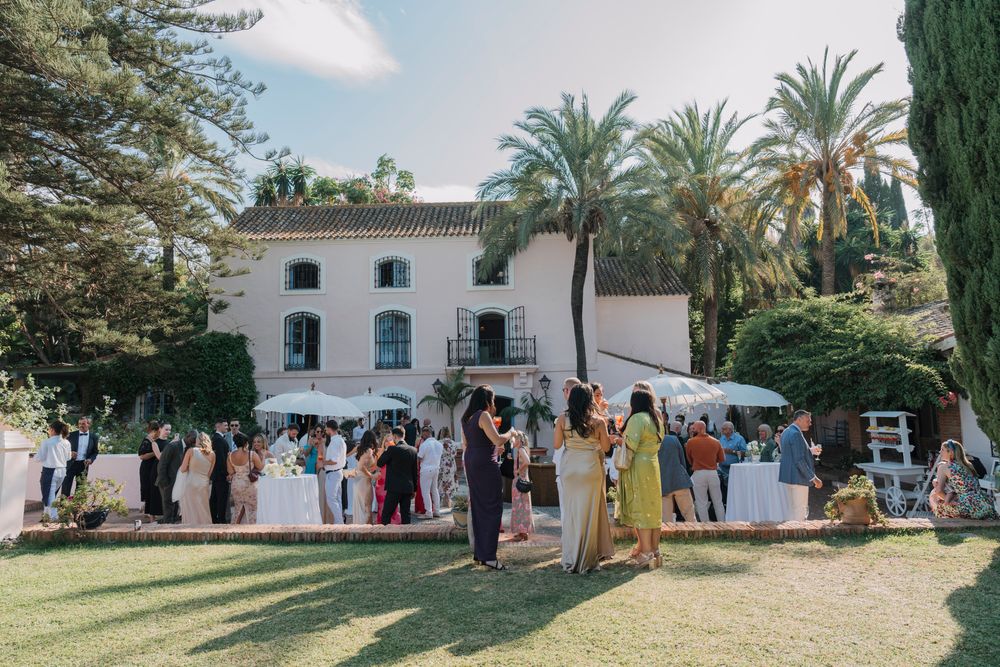 Wedding guests mingling on the lawn of a Mediterranean-style villa during a daytime reception.