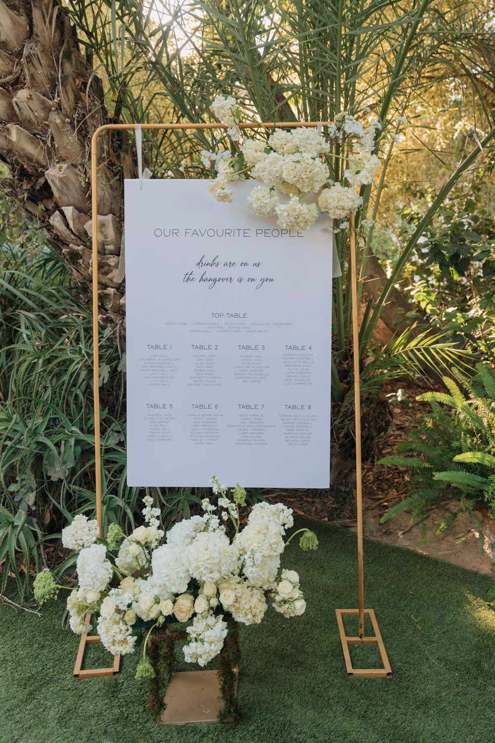 Elegant wedding seating chart display with white floral arrangements and gold metal frame stand in a garden setting.
