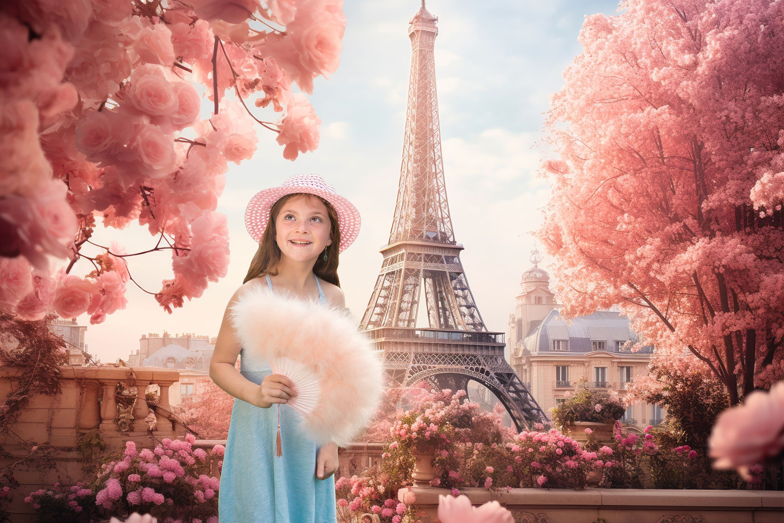 Valentine's day themed photo session of a romantic balcony scene with pink floral arch and a girl against Eiffel Tower backdrop in Paris.