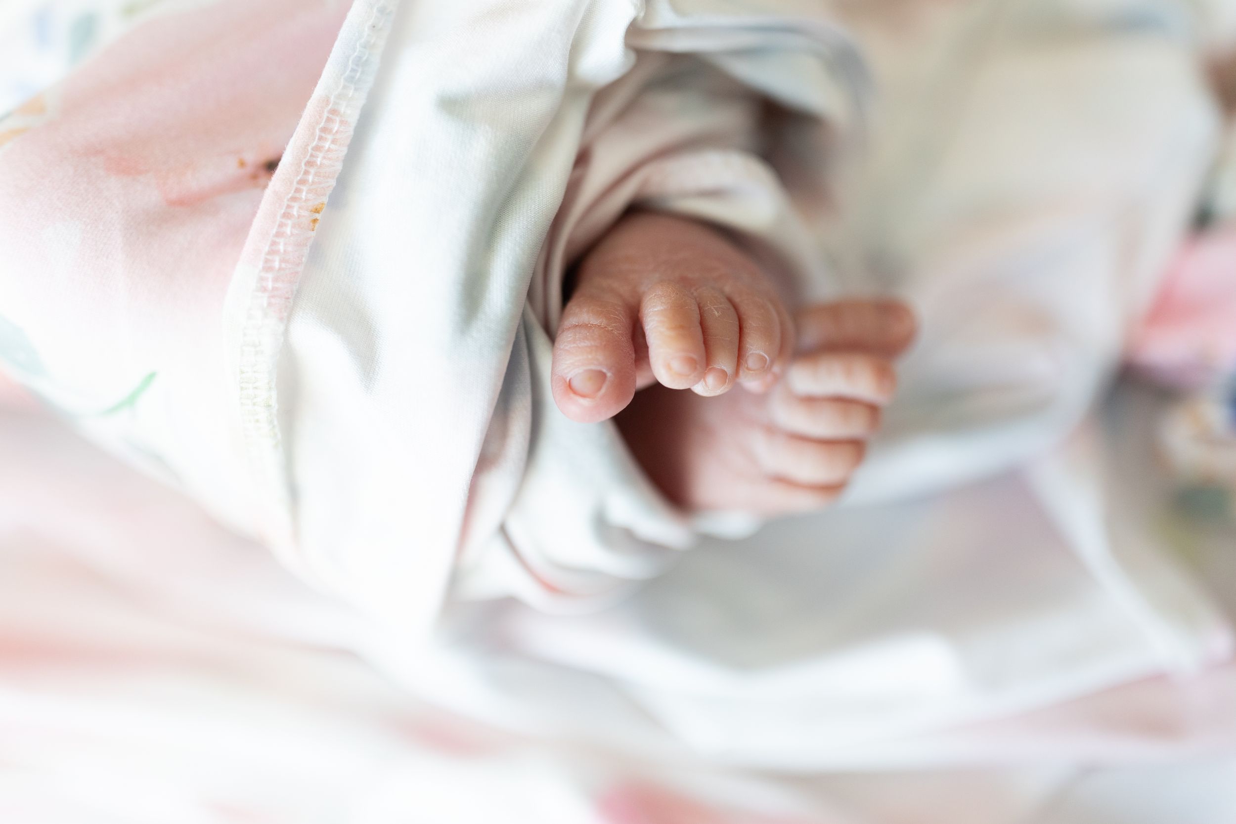 Close-up of a newborn baby's tiny foot wrapped in soft white fabric.
